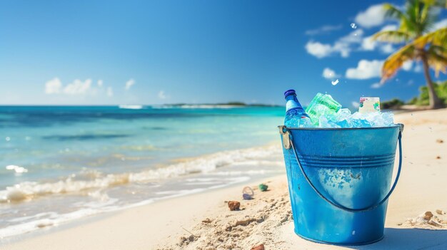 Blue metal bucket filled with ice and drinks placed on the sunny beach