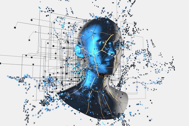 Blue metal human head with particles 3d rendering