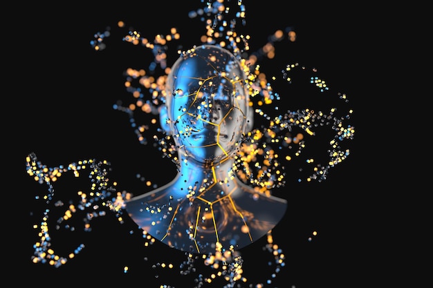 Blue metal human head with particles 3d rendering