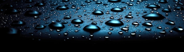 Blue Metallic Drops On Black Background Panoramic Banner Generative AI