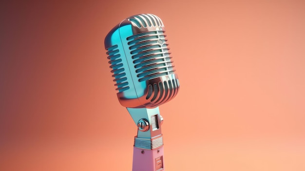 a blue microphone with a pink background and a blue screen.