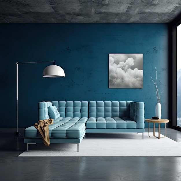 blue minimalist sofa and table with abajur isolated in studio realistic