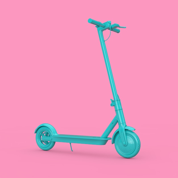 Blue Modern Eco Electric Kick Scooter in Duotone Style on a pink background. 3d Rendering