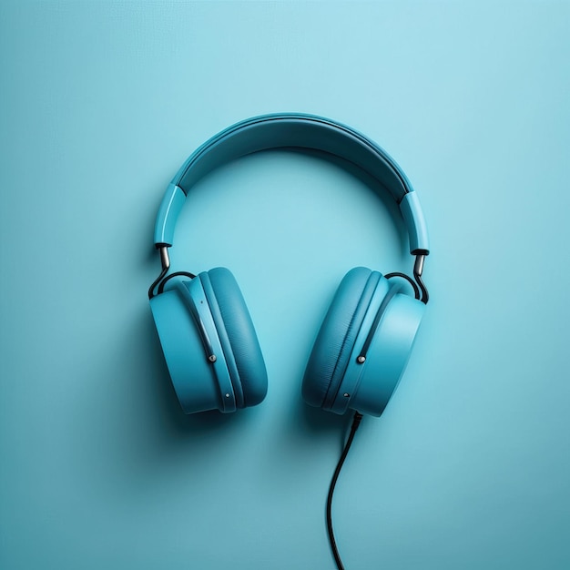 Blue modern headphones with blue minimal flat background