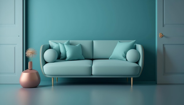 A blue modern sofa seton an empty calming minimal wall background 3d illustrator