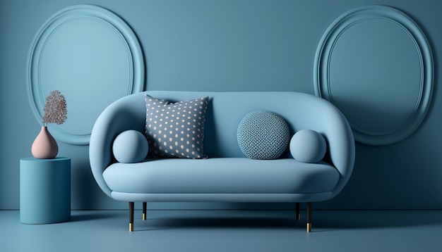 A blue modern sofa seton an empty calming minimal wall background 3d illustrator