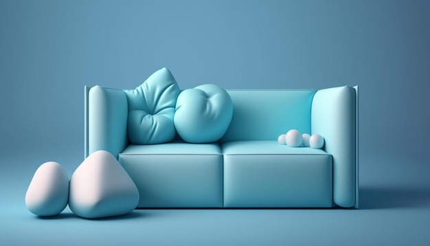 A blue modern sofa seton an empty calming minimal wall background 3d illustrator