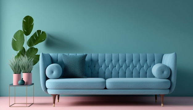 A blue modern sofa seton an empty calming minimal wall background 3d illustrator