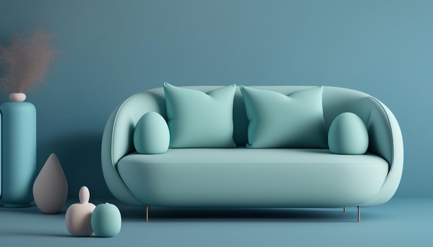 A blue modern sofa seton an empty calming minimal wall background 3d illustrator