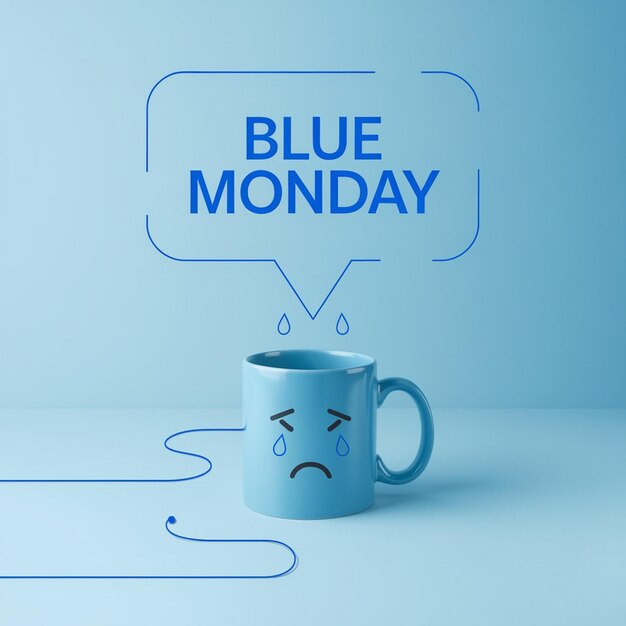 Photo blue monday concept with sad face mug and speech bubble on light blue background