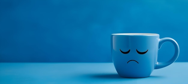 Photo blue monday cup of coffee with a sad face with copy space