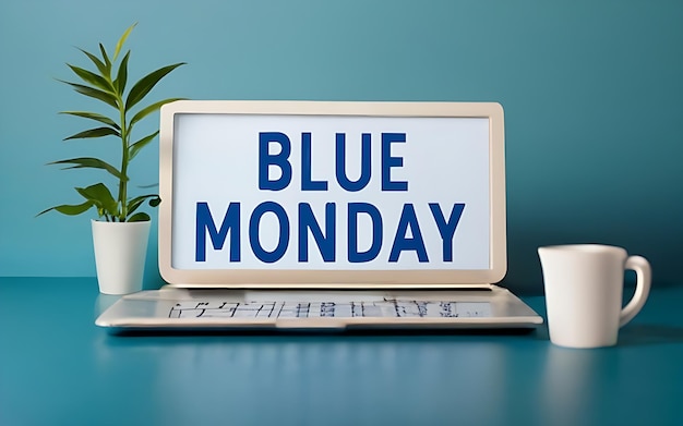 Blue monday typography and bule background laptop