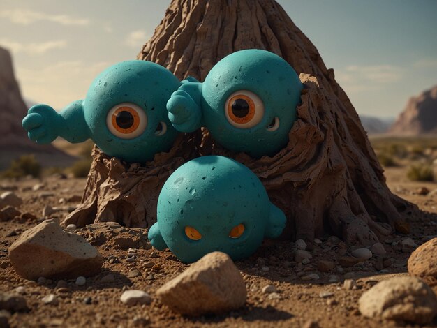 a blue monster face is next to a tree stump