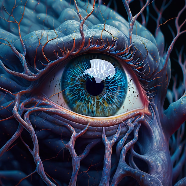 A blue monster's eye has a blue eye