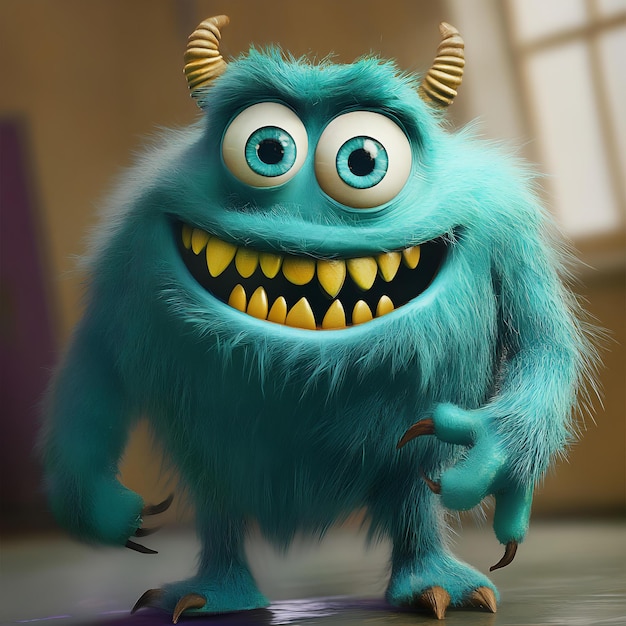 A blue monster with big yellow eyes and big yellow teeth