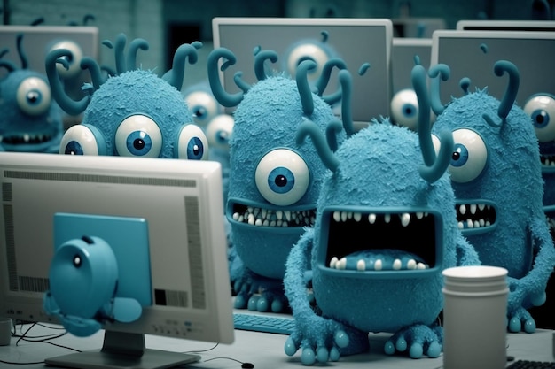 Photo a blue monster with a blue face is looking at a computer screen.