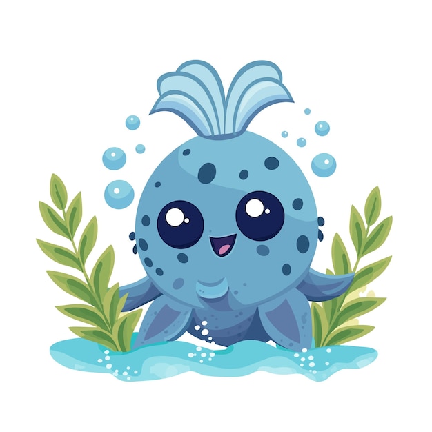 A blue monster with a blue head and a green plant in the corner.