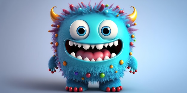 A blue monster with colorful horns and a purple tail stands on a blue background.