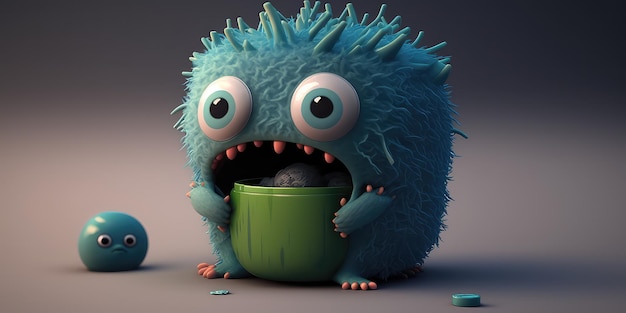 A blue monster with a green cup in his mouth is eating.