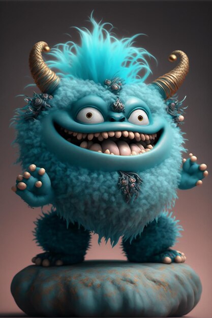 A blue monster with horns and a blue tail stands on a grey background.