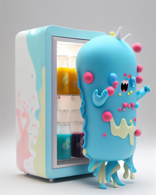 Photo a blue monster with pink and white dots is standing in front of a refrigerator.