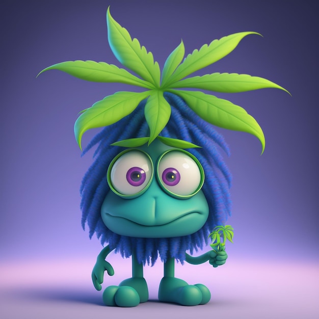 A blue monster with a plant on his head is holding a flower.