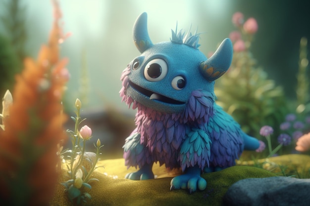 A blue monster with purple ears stands in a forest.