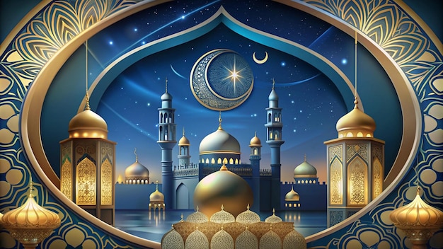 a blue moon and a mosque with a crescent moon in the background