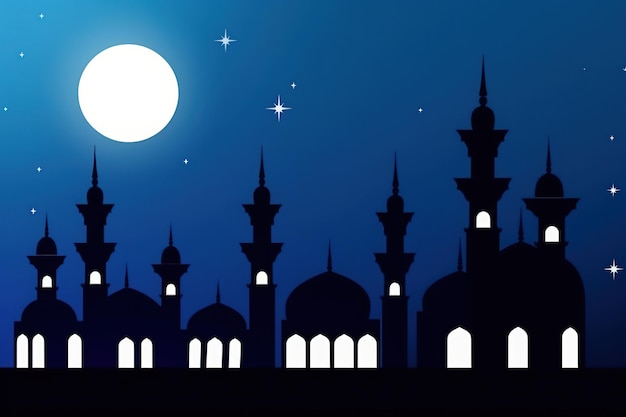 A blue moon and a mosque with the moon in the background