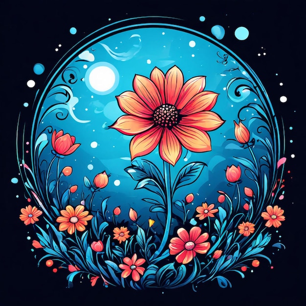 a blue moon with flowers and the moon in the background