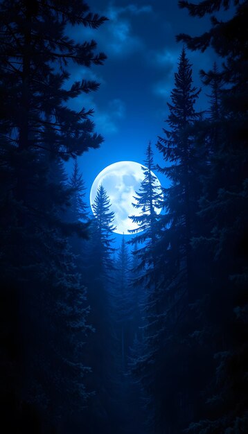 Blue moonlight through the spruce trees in dark magic mystery night forest Halloween backdrop