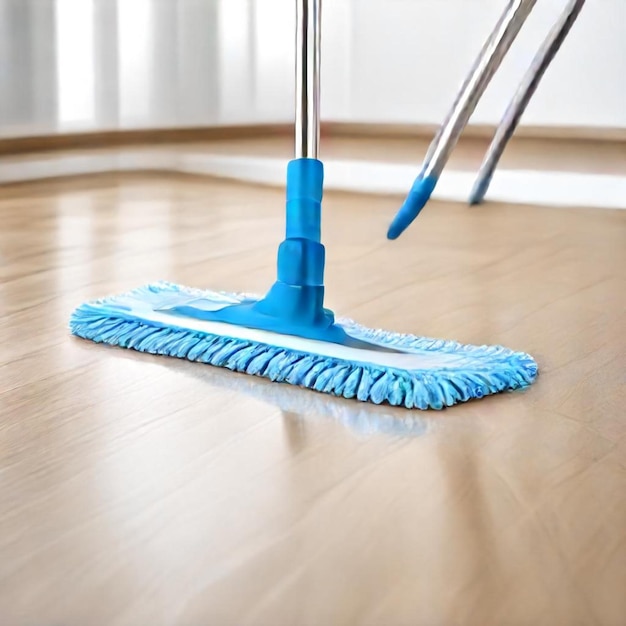 Photo a blue mop is on a wooden floor with a blue handle