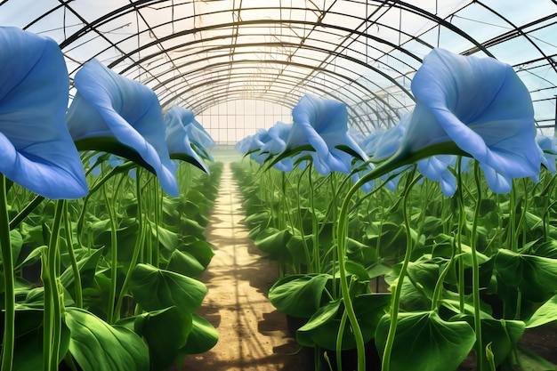 Blue morning glory flower in a greenhouse