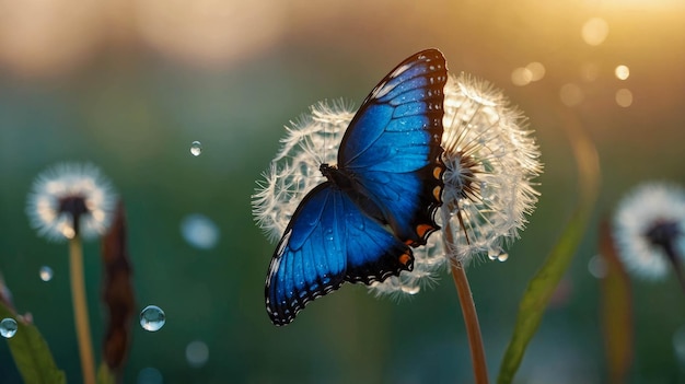 Blue morpho butterfly perched on a dandelion seed head with soft light and blurred background