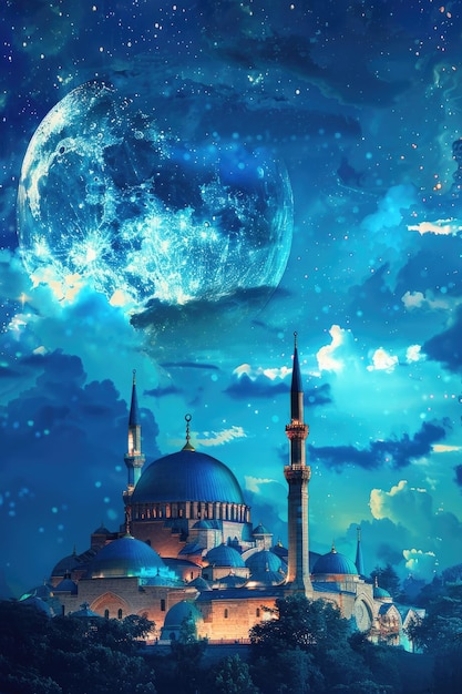 Blue Mosque at Night with Full Moon