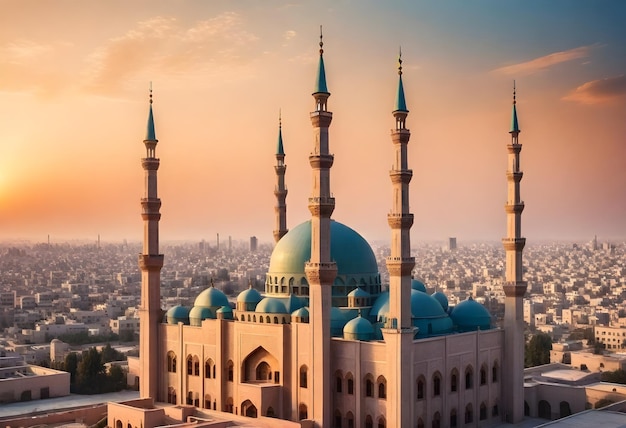 a blue mosque with a blue dome roof and a pink sunset in the background