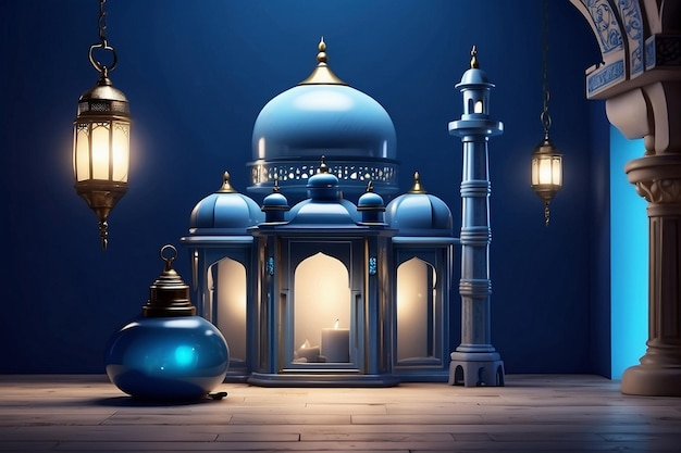 a blue mosque with a blue lamp and lantern on the floor