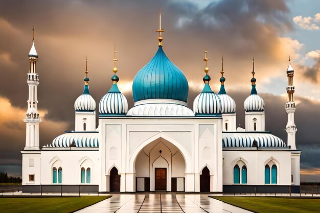 a blue mosque with a cloudy sky in the background