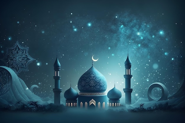 A blue mosque with a crescent moon in the background