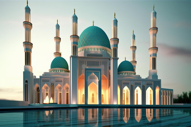 A blue mosque with a green dome and the words ez on it