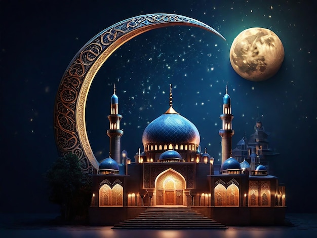 a blue mosque with a moon and a moon in the background