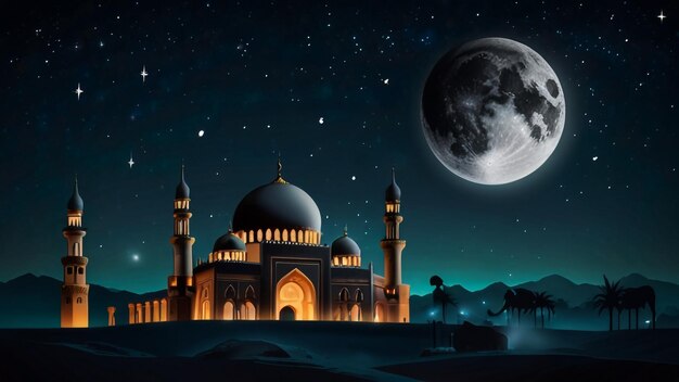 a blue mosque with a moon and a moon in the background