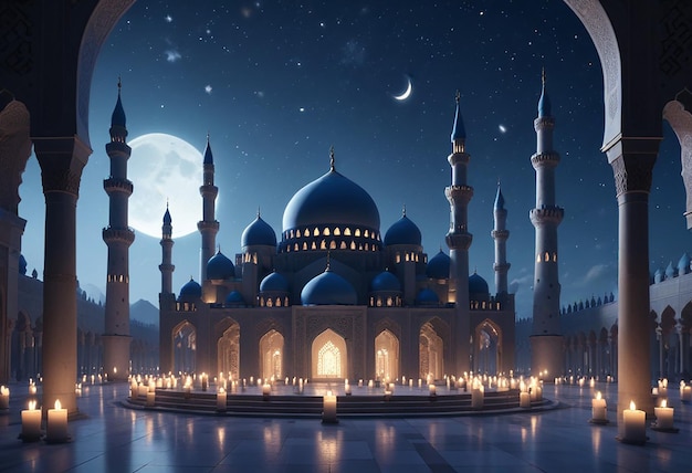 a blue mosque with a moon and a moon in the background