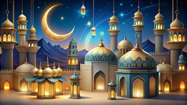 a blue mosque with a moon and a mosque in the background