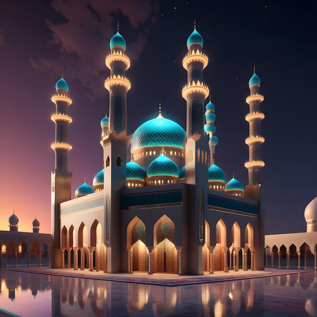 a blue mosque with a reflection of the sky and the stars in the background