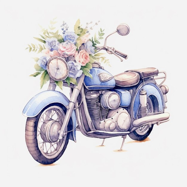 A blue motorcycle with a bouquet of flowers on it