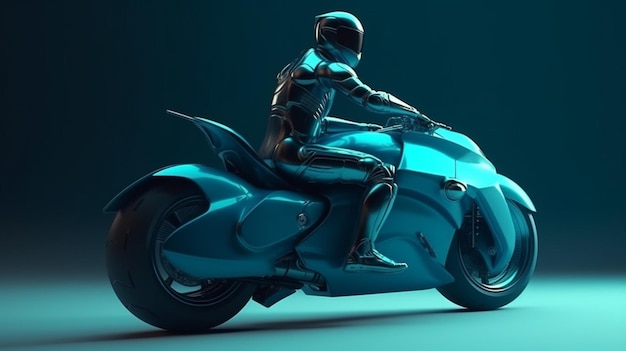 A blue motorcycle with a rider on the front.