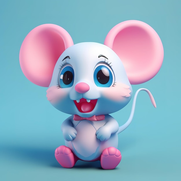 A blue mouse with a pink bow tie sits on a blue background