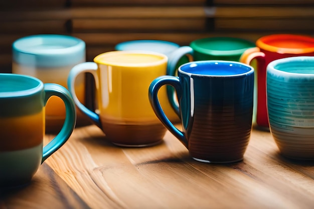 a blue mug with a blue handle sits on a wooden table