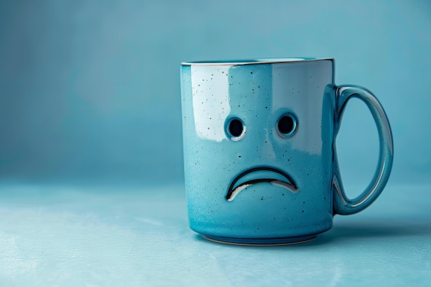 Blue mug with sad face on it solid blue background minimalist style high resolution photography